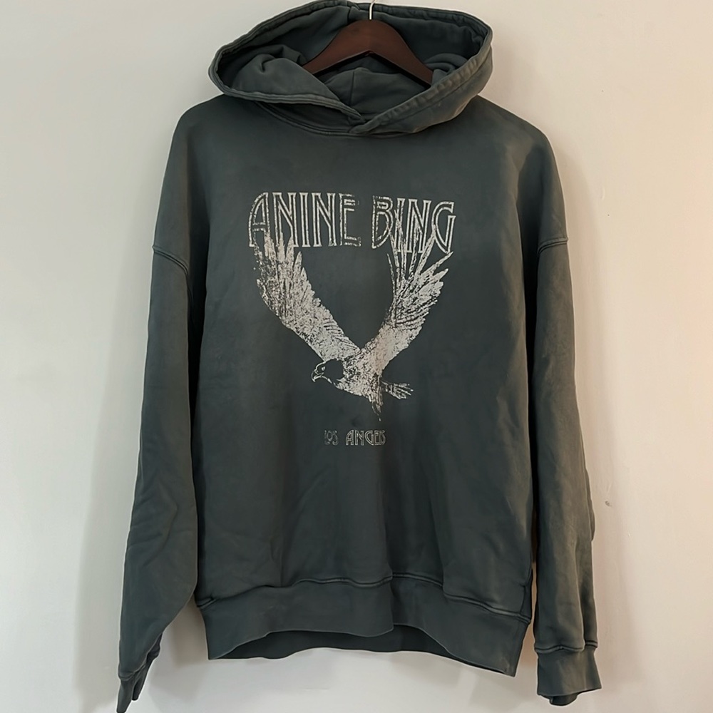 Anine Bing Washed Charcoal Hoodie with White Eagle Graphic